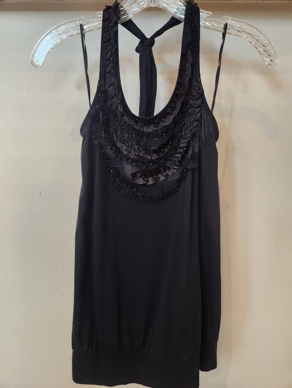 Express Black Beaded And Ruffled Halter Soft And Drapey Tank Top